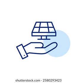 Hand and solar panel. Alternative energy sources for sustainable living. Pixel perfect, editable stroke icon