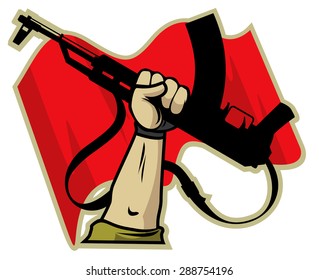  hand of a soldier with a Kalashnikov flag in the background