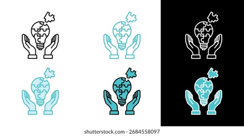 Mano que resuelve la bombilla del rompecabezas para la colaboración y el icono del trabajo en equipo en línea y estilo del relleno