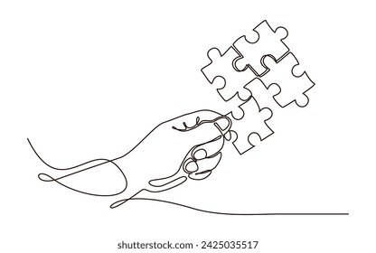 Mano resolviendo piezas de rompecabezas continuo una línea de dibujo de símbolo. Icono de concepto de solución de problemas de trabajo del equipo de negocios en estilo de doodle lineal. Ilustración vectorial con trazo editable. 