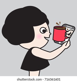 Hand Of Somebody Coming Out From Mobile Phone Is Serving A Cup Of Coffee To The Surprised Girl Who Is Holding This Cell Phone Concept Card Character illustration