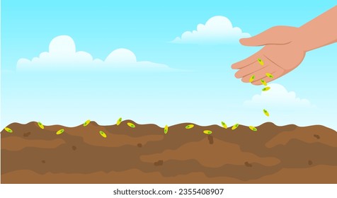 hand sowing plant seeds on the ground vector illustration, planting plants in the garden, humus soil, agriculture industry