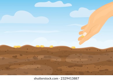hand sowing seeds to the ground - vector illustration