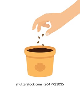 Hand sowing seeds into flower pot with soil. Vector illustration for concepts related to planting, eco-friendly practices, seasonal hobbies, and home gardening