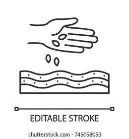 Hand sowing seeds linear icon. Agriculture. Thin line illustration. Contour symbol. Vector isolated outline drawing. Editable stroke