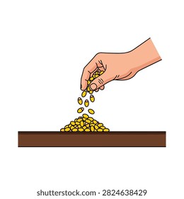 Hand sowing yellow seeds into brown soil in close up with planting, agriculture