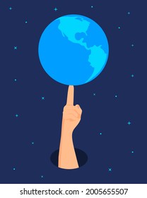 A hand in space touches the earth. The earth is spinning on a forefinger on the background of the space. 