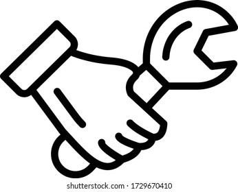 Hand mit Spanner-Konzept, Mechanik-Service-Logo-Vektor-Design, Reifenladen und Auto-Service-Center-Instrumente auf weißem Hintergrund