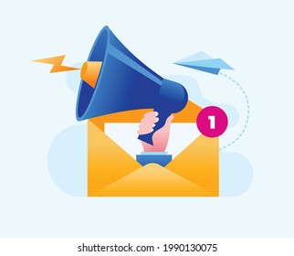 Hand with speaker for email marketing. Business strategy. Landing page website illustration vector flat design 