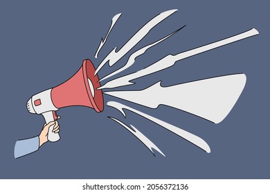 Hand with speaking loudly megaphone. Vector concept illustration of advertisement promotional marketing speaker.