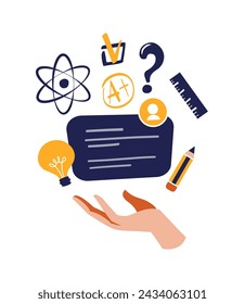 Hand with speech bubble and educational icons. Flat style vector illustration. Education, knowledge, studying concept.