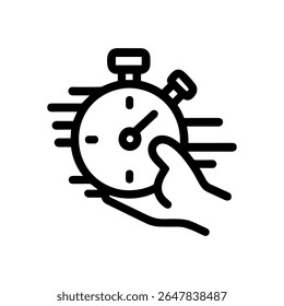 Hand speeds up stopwatch action motion. Icon symbol illustration
