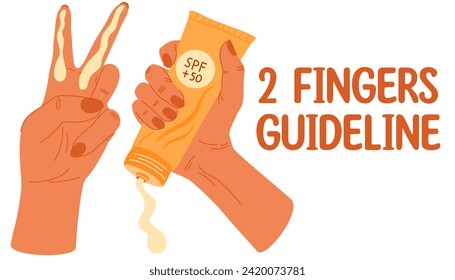 Hand with SPF 50 cream on two fingers. How to apply sunscreen on the face. Vector hand draw poster, banner of instructions