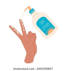 Hand with SPF cream on two fingers on white background. Spf lotion bottle. Sun protection product.