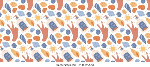 Hand with SPF cream on two fingers with seashells around. Sun protection product ornament. Vacation print