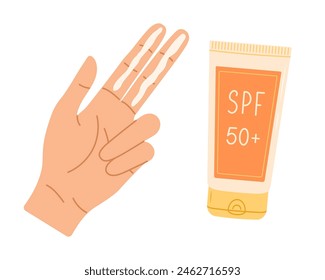 Mano con crema SPF en dos dedos. Cómo aplicar protector solar en la cara. Ilustración vectorial plana