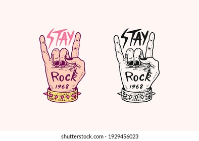 Hand with a spiked bracelet badge. Sign of the horns. Rock and Roll music logo. Heavy metal template for design t-shirt, night party and festival. Drawn Engraved vintage sketch.