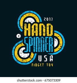Hand spinner emblem. Graphic design for t-shirt. Color print on black background