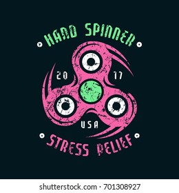 Hand spinner emblem. Graphic design for t-shirt. Color print on black background