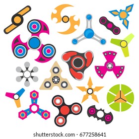 Hand spinner. Fidget toy for increased focus, stress relief. Icon set isolated on white. Vector illustration