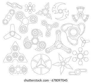 Hand spinner. Fidget toy for increased focus, stress relief. Icon set isolated on white. Vector illustration