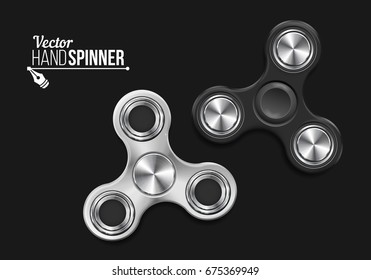 Hand spinner on a dark background. metallic and black fidget spinner toy. Vector illustration.