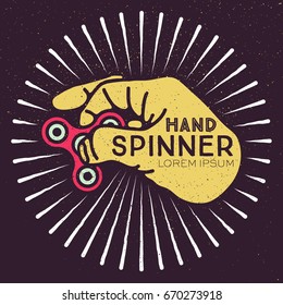 Hand spinner with rays. Hand spinner tricks. Badges, labels, banners, advertisements, brochures, business templates. Vector illustration on grunge texture background.