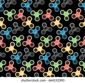 Hand spinner seamless pattern on black background. Vector illustration .