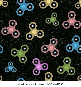 Hand Spinner Seamless pattern. Vector illustration on black background. Fidget toy