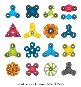 Hand spinner. Toy for increased focus, stress relief. Fidget relax and meditation. Flat icons. Collection of different colored spinners. Gadget plaything. Vector illustration art.