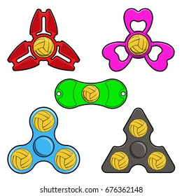 Hand spinner toys with water polo ball, flat vector icons