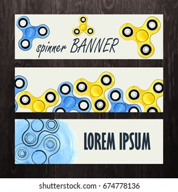 Hand spinner vector banners. Hand drawn fidget spinner illustration. Badges, labels, advertisements, brochures, business templates.