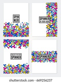 Hand Spinner vector greeting cards in bright colors for advertising projects. Stress relief toy in your hand. Isolated