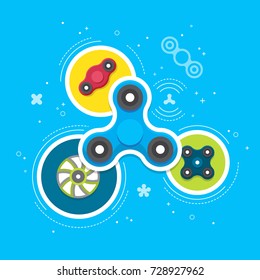 Hand spinners banner and leaflet. Toy for increased focus, stress relief. Fidget relax and meditation. Flat icons. Collection of different colored spinners. Gadget plaything. Vector illustration art.