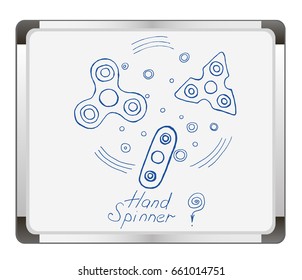Hand Spinners icons set on flip chart background . Fidget spinner. toy for stress relief and improvement of attention span. vector illustration.