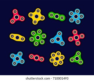 Hand spinners - modern flat vector objects isolated on dark blue background. Use this high quality clip art for presentations, banners and flyers. Yellow, green, red antistress toys