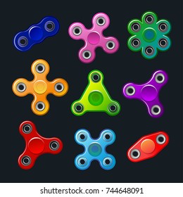 Hand spinners - modern flat vector objects isolated on black background. Use high quality clip art for presentations, banners, flyers. Yellow, green, purple, orange, pink, blue, red antistress toys