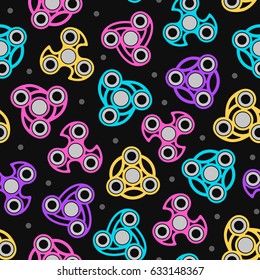 Hand Spinners Seamless pattern. Color print on black background.