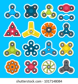 Hand spinner.s set Toy for increased focus, stress relief. Fidget relax and meditation. Flat icons. Collection of different colored spinners. Gadget plaything. Vector illustration art.