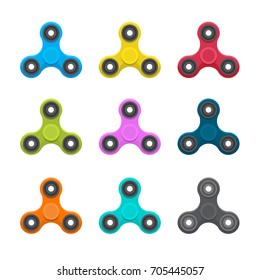 Hand spinners. Toy for increased focus, stress relief. Fidget relax and meditation. Flat icons. Collection of different colored spinners. Gadget plaything. Vector illustration art.