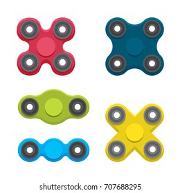 Hand spinners. Toy for increased focus, stress relief. Fidget relax and meditation. Flat icons. Collection of different colored spinners. Gadget plaything. Vector illustration art.