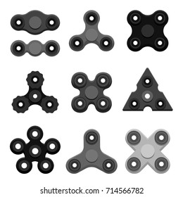 Hand spinners. Toy for increased focus, stress relief. Fidget relax and meditation. Flat icons. Collection of different black spinners. Gadget plaything. Vector illustration art.
