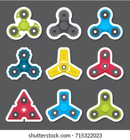 Hand spinners. Toy for increased focus, stress relief. Fidget relax and meditation. Flat icons. Collection of different colored spinners. Gadget plaything. Vector illustration art.