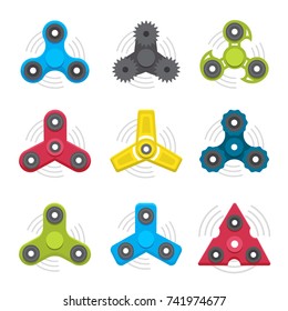 Hand spinners. Toy for increased focus, stress relief. Fidget relax and meditation. Flat icons. Collection of different colored spinners. Gadget plaything. Vector illustration art.
