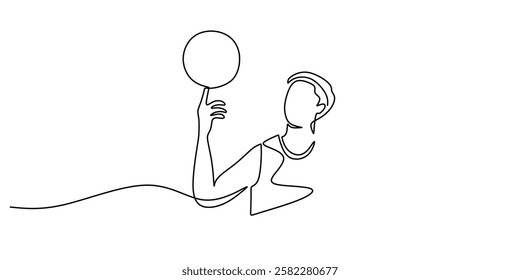 Hand spinning a basketball on an index finger in continuous line drawing. Symbol of skill, control, and freestyle tricks. Vector illustration hand drawn.