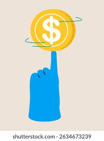 Hand spins coin on finger. Colorful vector illustration 
