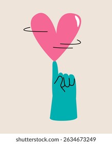 Hand spins heart on finger. Colorful vector illustration 
