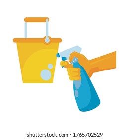 hand with splash spray bottle disinfectant and bucket vector illustration design