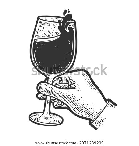 hand with splashing glass of red wine sketch engraving vector illustration. T-shirt apparel print design. Scratch board imitation. Black and white hand drawn image.