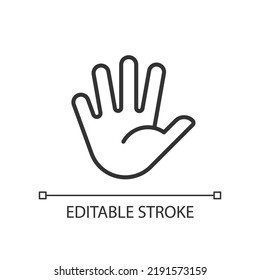 Hand with splayed fingers pixel perfect linear icon. Non verbal communication. Body language. Thin line illustration. Contour symbol. Vector outline drawing. Editable stroke. Arial font used